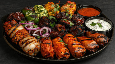 A vibrant and delicious assortment of grilled meats served on a platter, accompanied by fresh herbs, sauces, and dips, perfect for gatherings.の素材