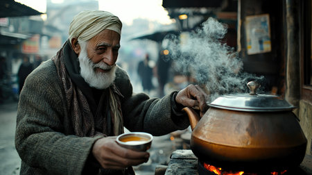 An elderly man joyfully brews hot tea in a traditional outdoor market, surrounded by the warmth of culture and community. Steam rises from a pot, evoking cozy moments.の素材