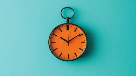 A vibrant orange vintage clock against a refreshing turquoise background showcases a perfect blend of classic design and modern aesthetics, ideal for diverse creative projects.の素材