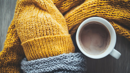 A cozy winter scene featuring a warm knit scarf and a steaming hot beverage. Perfect for conveying comfort, relaxation, and seasonal warmth in lifestyle photography.の素材