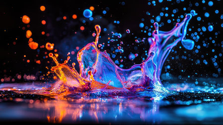 Captivating water splash featuring vibrant blue, orange, and purple tones. The image captures dynamic movement with droplets, creating an artistic and colorful display ideal for any design project.の素材