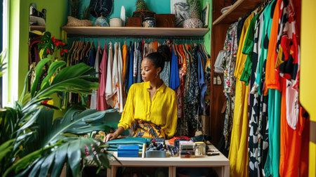 A stylish woman carefully organizes her colorful wardrobe, showcasing vibrant clothing and accessories in a modern, cheerful setting filled with plants and playful decor.の素材