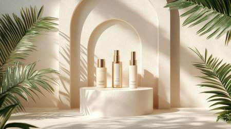 Exquisite skincare products elegantly arranged in a minimalist setting, featuring natural elements. Soft lighting casts gentle shadows, enhancing the serene ambiance of beauty and wellness.の素材