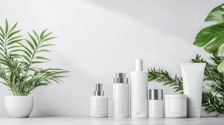 This image showcases a minimalist arrangement of skin care products complemented by lush greenery. Ideal for promoting beauty and wellness themes.の素材