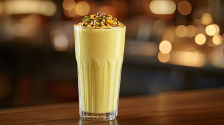 A creamy smoothie topped with colorful nuts in a stylish cafe setting, showcasing the freshness and deliciousness of healthy beverages perfect for any occasion.の素材