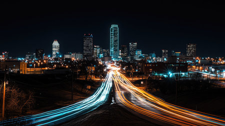 A stunning nighttime cityscape featuring vibrant light trails from traffic, showcasing a modern urban skyline against a dark sky, perfect for capturing the essence of city life.の素材