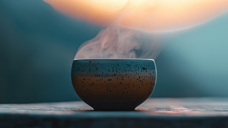 A steaming bowl of herbal tea sits elegantly against a sunset backdrop. The warm steam rises, inviting a sense of tranquility and comfort, perfect for relaxation and rejuvenation.の素材