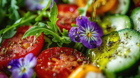 A vibrant salad featuring fresh vegetables like tomatoes and cucumbers, garnished with edible flowers. Perfect for health-conscious meals or culinary presentations.の素材