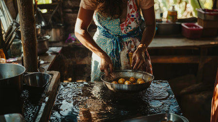 A woman prepares fresh ingredients in a rustic kitchen, showcasing hands immersed in water while washing produce. The warm atmosphere enhances the culinary experience.の素材