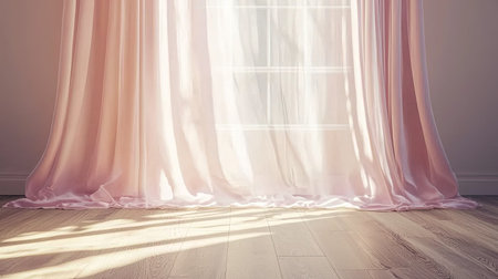 Soft pink sheer curtains gently drape in a sunlit room, creating a serene and inviting atmosphere. The play of light and shadow adds elegance to the space.の素材