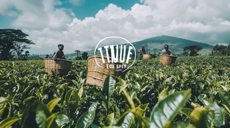A captivating scene of farm workers harvesting fresh tea leaves amidst lush green fields. The backdrop features stunning mountains under a bright blue sky, emphasizing the beauty of agriculture and community spirit.の素材