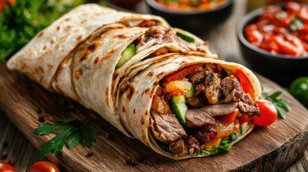 A delicious beef wrap filled with colorful vegetables and wrapped in a soft tortilla, displayed on a rustic wooden cutting board, perfect for meal inspiration.の素材