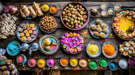 A stunning arrangement of colorful sweets and spices on a wooden table, perfect for celebrating traditional Indian festivals. Bright hues of powder colors add vibrancy.の素材
