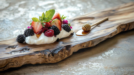 A beautiful arrangement of fresh berries served on creamy yogurt drizzled with honey, presented on a rustic wooden board. Perfect for health-conscious food lovers.の素材