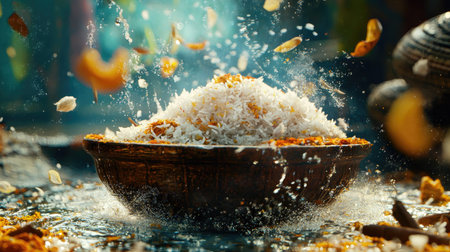 This captivating image features a bowl of rice splashed by water and surrounded by delicate petals, creating a vibrant and festive atmosphere perfect for culinary celebrations.の素材