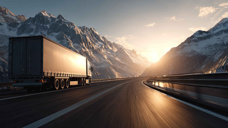 A truck navigates a winding mountain road during sunset, surrounded by snow-covered peaks. The scene captures the beauty of nature and the spirit of adventure.の素材