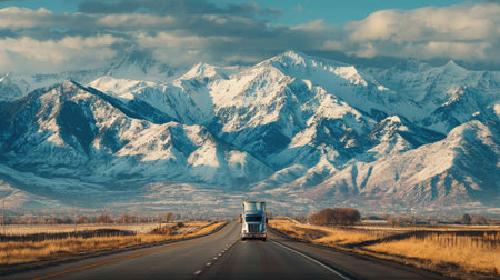 A lone truck drives along an open highway, surrounded by stunning snow-capped mountains. The scenic landscape showcases a blend of nature's beauty and human transportation.の素材