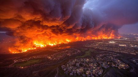 An intense aerial view captures a raging wildfire at night, engulfing the horizon in flames and smoke, illuminating the dark sky with vivid orange hues.の素材