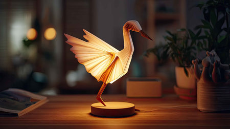 An artistic lamp designed as a paper crane, emitting warm light, perfect for creating a cozy and elegant ambiance in modern interiors. Ideal for decor.の素材