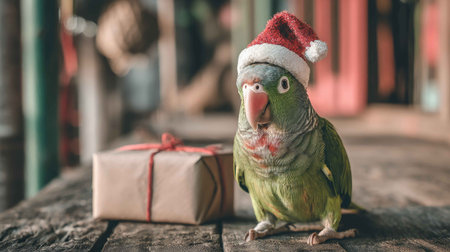 A charming parrot wearing a Santa hat sits beside a beautifully wrapped gift box on a rustic wooden table, evoking festive joy and warmth.の素材