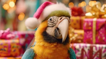 A vibrant parrot wearing a Santa hat poses playfully among colorful gifts, evoking the spirit of celebration and joy during the holiday season.の素材