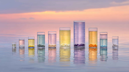 Colorful glass containers filled with water and various tablets create a stunning display against a serene sunset background, reflecting natural beauty.の素材