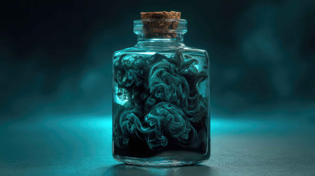 This captivating image features swirling ink captured inside a glass bottle. The soft ambient lighting enhances the dramatic colors and fluid motion, creating an enchanting visual experience.の素材
