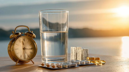 A serene scene featuring a glass of water, assorted pills, and an alarm clock at sunrise. Perfect for concepts related to health, wellness, and morning routines.の素材