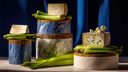 A stunning gourmet cheese display featuring an array of cheeses paired with vibrant fresh celery, set against a sophisticated blue backdrop for a visually captivating image.の素材