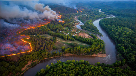 A stunning aerial image shows a forest fire raging along a riverbank, surrounded by lush green trees and hills. The scene captures the intense colors and smoke at dusk.の素材