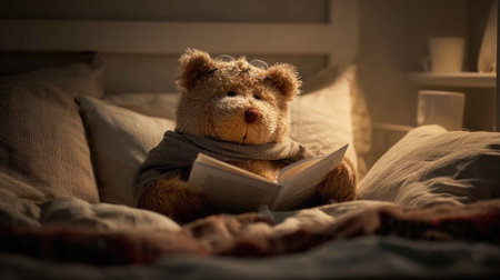 A cozy teddy bear reads a book in a softly lit bedroom, creating a warm atmosphere of comfort and tranquility. Perfect for evoking nostalgia and relaxation.の素材
