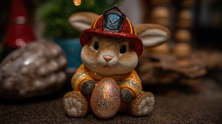 An adorable bunny dressed as a firefighter holds a shiny egg. The vibrant costume and playful expression make this a perfect decoration for spring celebrations.の素材