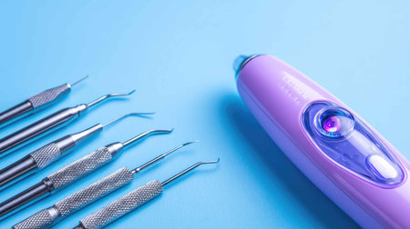 A modern dental cleaning device alongside traditional tools arranged neatly. Perfect for illustrating oral care, dental hygiene, and clinic settings.の素材