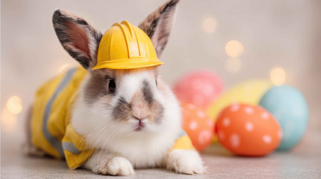 A charming rabbit dressed in a yellow construction hat and vest lies among vibrant Easter eggs, creating a playful and festive scene ideal for spring celebrations.の素材
