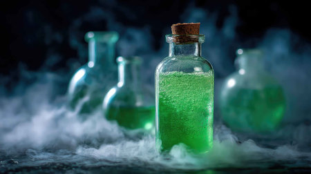 A captivating green liquid sits in a glass flask, surrounded by swirling smoke. This enchanting scene evokes mystery and creativity, perfect for fantasy themes.の素材
