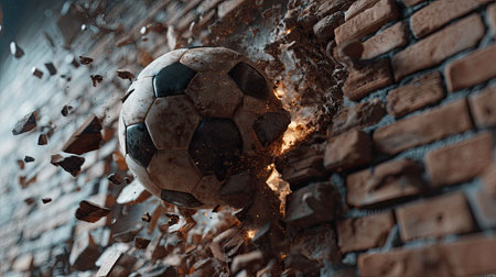 A dramatic image of a soccer ball breaking through a brick wall, capturing the thrill of sport. The scene showcases motion and energy with flying debris and dynamic lighting effects.の素材