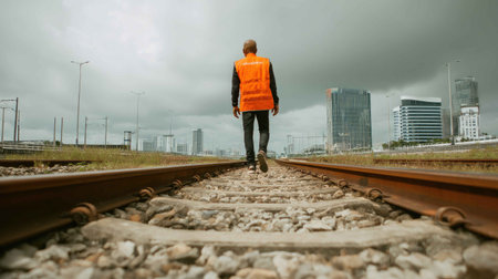 A man in a safety vest walks along train tracks in an urban setting under a cloudy sky. The scene captures the journey and determination amidst the cityscape.の素材