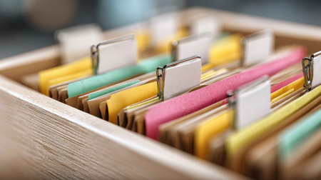 A close-up view of organized file folders in a wooden drawer, featuring colorful paper clips. Perfect for illustrating concepts of organization and efficiency in a workspace.の素材