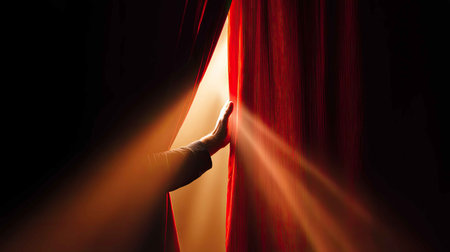 A hand gently pulls back a red curtain, allowing soft light to flow in. This image conveys anticipation and the beauty of revelation in a theatrical setting.の素材