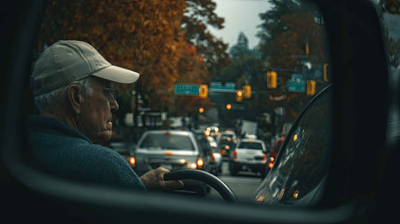 A thoughtful elderly man drives through a busy autumn street, showcasing vivid fall colors and a tranquil atmosphere that embodies the essence of urban exploration.の素材