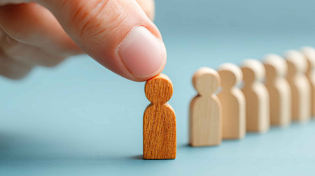 A close-up view of a hand selecting a unique wooden figure from a line of similar figures, representing choice and individuality in decision making.の素材