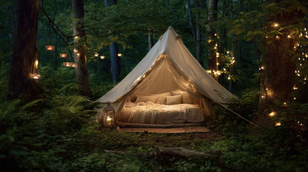 A cozy camping tent nestled in a tranquil forest, surrounded by soft lights and lush greenery, creating a serene atmosphere perfect for relaxation and adventure.の素材