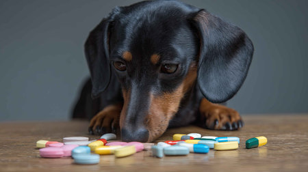 A curious dog closely examines a variety of colorful pills scattered on a wooden table. This image captures the playful interaction between pets and their environment, raising awareness about medication safety.の素材