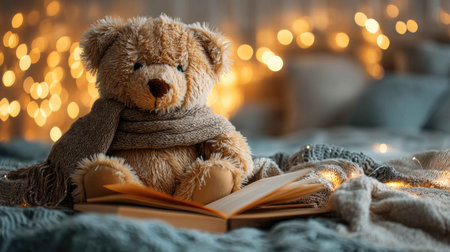 A cozy teddy bear in a soft scarf sits with an open book, surrounded by gentle fairy lights. This heartwarming scene evokes feelings of nostalgia and comfort.の素材