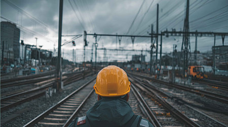 A railway worker wearing a yellow safety helmet stands overlooking a complex network of tracks under a moody, cloudy sky, showcasing elements of industry and commitment.の素材