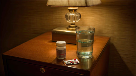 A serene night table scene featuring a lamp, a glass of water, and medicine, creating a calming atmosphere perfect for relaxation and health.の素材
