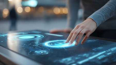 A person interacts with a futuristic touchscreen displaying holographic elements, showcasing advanced technology and innovative user engagement in a modern setting.の素材
