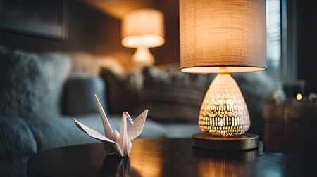 A beautifully crafted origami paper crane rests on a wooden table beside a stylish lamp, enhancing the warm ambiance of a cozy living room with modern decor.の素材