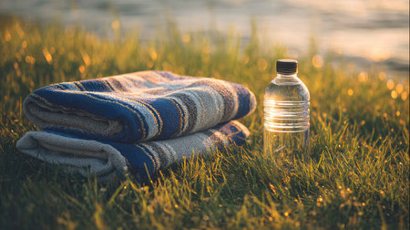 A tranquil scene featuring cozy towels and a water bottle resting on lush green grass near water, evoking relaxation and outdoor enjoyment.の素材