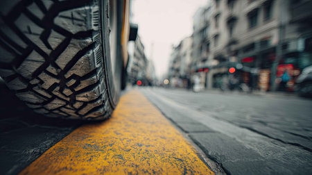 This close-up image captures the intricate details of a tire tread resting on an urban street, emphasizing the yellow line beside the pavement. The urban backdrop encourages exploration and highlights the fusion of technology and city life.の素材